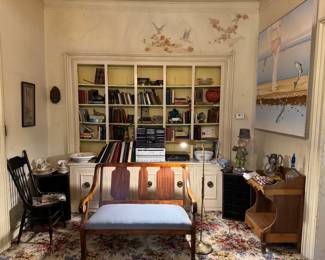 Loveseat is 3'9" x 1'9" x 2'10". WC Fields chalkware statue. Incredibly made stand on right, dovetail joints, a few square nails. Currently used as bar here. See next picture for painting