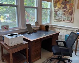 Very cool antique desk is 4'10 x 2'10 x 2'6. There are several Mucha posters here