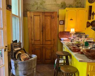Tall primitive cabinet is 3'6 x 1'5 x 6'5. Antique wash tub