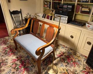 Loveseat is 3'9" x 1'9" x 2'10". Absolutely beautiful, easy to reupholster too if desired. Sound equipment in background works great! We've been listening daily for weeks