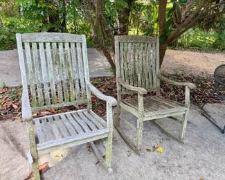 Solid teakwood, rocking chairs, very sturdy.