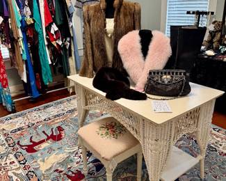 Vintage white wicker desk/table. Turned wood stool with handworked needlepoint.