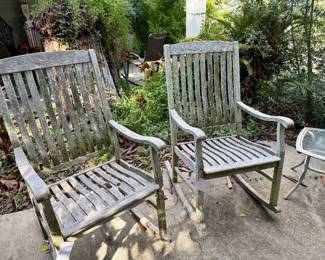 Solid wood, rocking chairs, very sturdy.