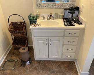 Storage shelves, hair dryer and scale