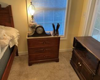 Marble topped nightstand, vintage clock