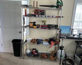 Metal shelving, scale, saws, power tools