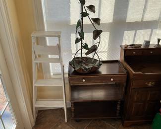 Ladder, end table, copper water fountain