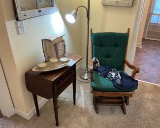 Glider, rocker and end table, floor lamp
