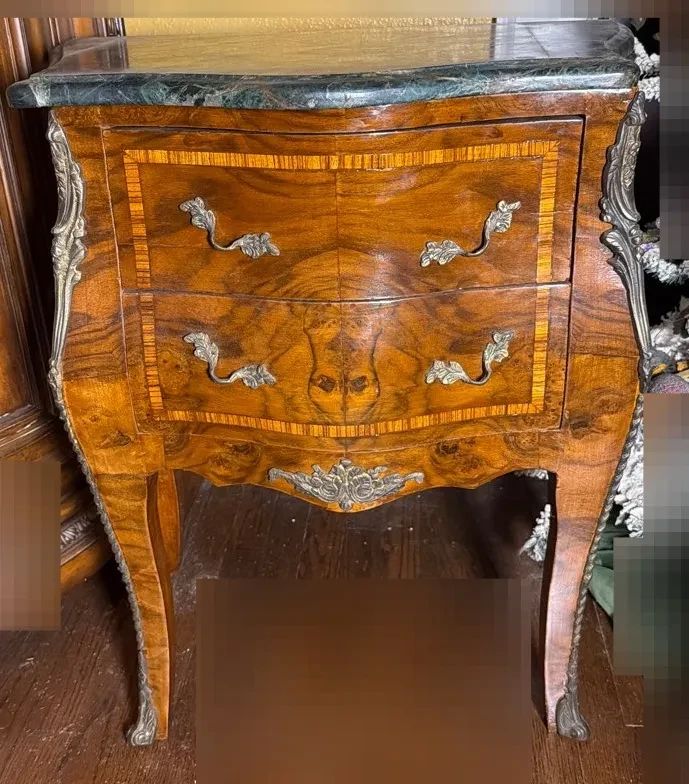 Louis XV Style Inlay Bombe Serpentine Small Chest with Dark Green Veined Marble Top