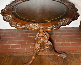 Vintage Victorian Style Round Wood Serving Table W Leather Inlay, Decorative Edge, Claw Feet