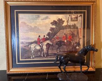 Vintage English Fox Hunting Framed Lithograph Unknown Artist Vintage Cast Metal Horse Figure