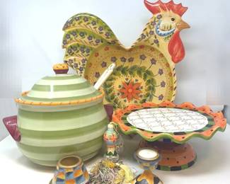 Vibrant Pfalzgraff Pistoled Soup Tureen, Seymour Mann Cake Stand, Fontana Rooster Serving Bowl