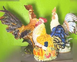 A Flock of Roosters Fitz and Floyd Rooster, Bombay Cookie Jar and Ceramic Rooster