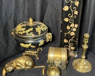 Brass, Black Gold Decor Wooden Urn Candle Stand Brass Cat, Bat Baseball, Chest and Candle