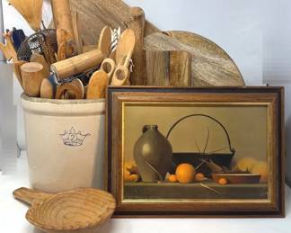 Vintage Robinson Ransbottom 2 Gallon Stoneware Crock Filled with Wooden Cooking Utensils and More