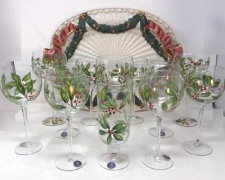 Fitz and Floyd Holiday Platter with 12 Hand Painted Holly Berry Crystal Glassware