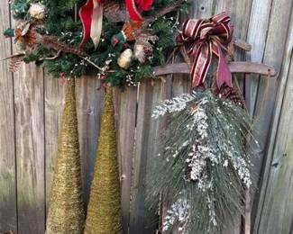Vintage Wooden Sled with Snowy Pine Spray, Pheasant Holiday Wreath and Green Beaded Cone Trees