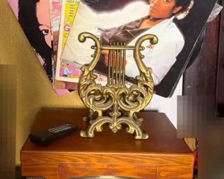 Crowley Table Top Record and CD Player with Musical Note Brass Album Holder and Assorted Albums