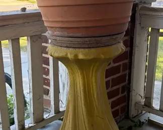 Large Ribbed Terracotta Planter and Yellow Fluted Concrete Pedestal Stand