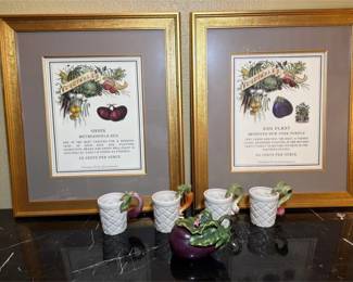 Vintage Set of 4 Fitz Floyd Basketweave Mugs Eggplant, Preproduction Pair of Framed Vegetable