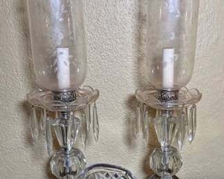 Pair of Vintage Cut Crystal Hurricane Lamps Lead Crystal Sleigh