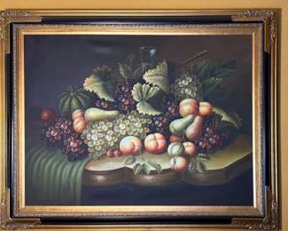 Vintage Still Life Fruit Painting In Decorative Frame Unknown Artist