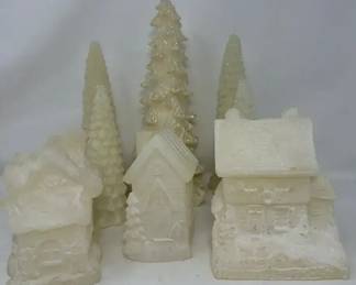 Vintage Christmas Village Featuring Battery 3 Battery Operated Wax Houses, 4 Christmas Trees, and A