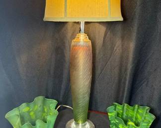 Mikasa Walther Multicolored ArtGlass Green White Splashed Ruffled Glass Vase Vintage Lamp