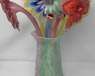 6 HandBlown Murano Glass Flowers with Pastel Colored 12 Inch Murano Vase