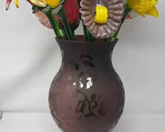 Large 15 Purple Glass Vase with 14 Glass Flowers