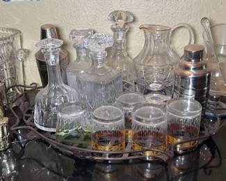 Various Bar Ware Including Violets Crystal Ice Bucket, Decanters, Cocktail Shakers, More