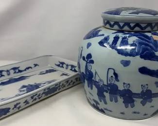 Ceramic Blue White Serving Dish and Lidded Pot Jar