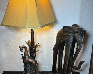 Resin Giraffe Lamp and Tall Wooden Elephant