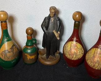 Vintage Fausto Cordin Leather Wrapped Decanters with Wood Stoppers Tom Clark Andrew Jackson Figure