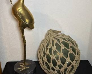 Vintage Brass Egret and Japanes Glass Fishing Float
