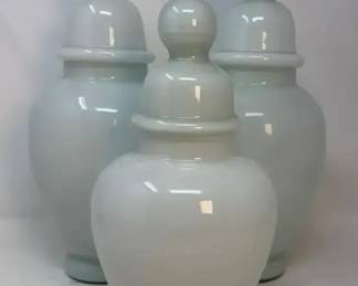 Vintage Set of 3 Hand Blown Hartinger Iridescent Milk Glass Lidded Ginger Jars Made in Peru
