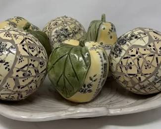 Ceramic Mosaic Decorative Spheres Ceramic Apple, Pear and Pumpkin on White Ceramic Pumpkin Platter