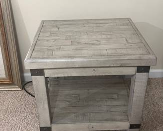 Solid wood gray end table with our outlet
