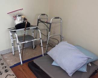 Hospital home bed mattress, walker, bedside toilet