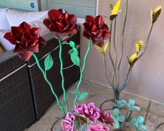 Four Handcrafted Metal Flower Art Pieces