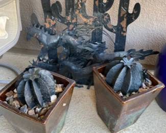 A Metal Wall Hanging Horse and Cactus Piece and Two Ceramic Planter Pots with Metal Cactus