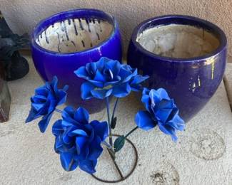 Two Large Cobalt Blue, Ceramic Planters and a Metal Floral Design Piece