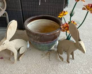 A Large Ceramic Plant Pot and Some Metal Art Pieces