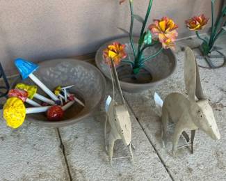 Two Earthenware Pots, Ceramic Mushrooms, a Metal Floral Piece, and Two Metal Jack Rabbit Pieces