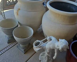 Some Large Plastic Pots, a Statue, and Two Small Plastic Planters