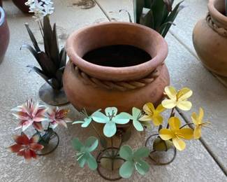 One Terracotta Planter and Five Metal Handcrafted Floral Arrangement Decor