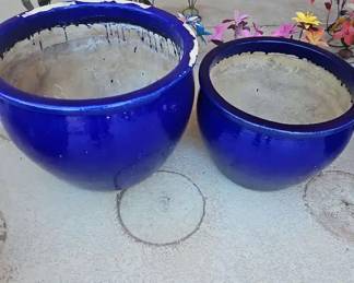One Very Large Blue Planting Pot and One Blue Medium