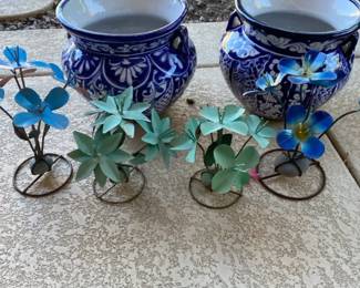 Two Beautiful Mexican Made Blue Glazed Planters and Four Metal for Decor Pieces