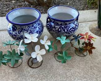 Two Blue Glazed Made in Mexico Ceramic Pots and Some Metal Decor
