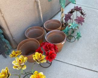 Four Clay Pots, and Some Metal Handcrafted Decor